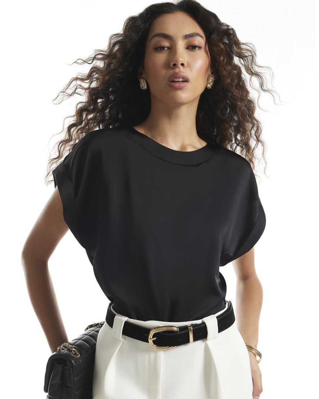 River Island Black Satin Turn Back Cuff Blouse