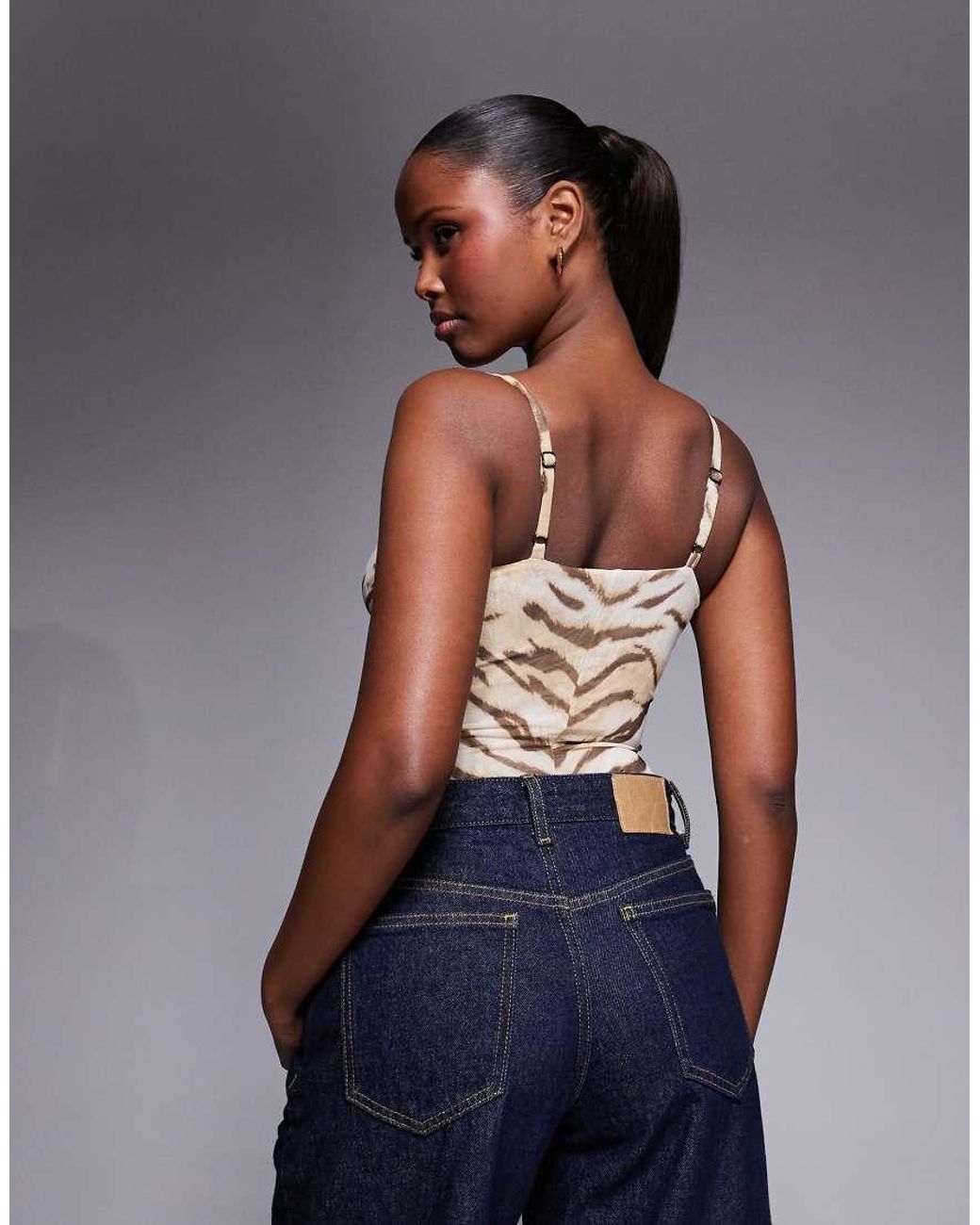 GOOD AMERICAN Body Van Mesh Met Bustier En Bruine Tijgerprint in het Blue