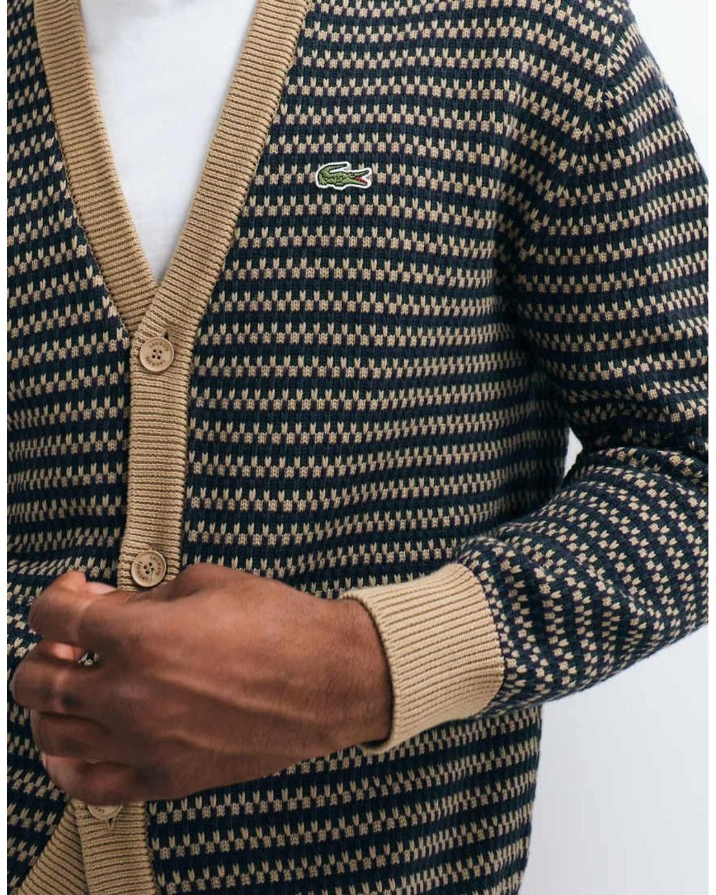 Lacoste White Stripe V Neck Cardigan for men