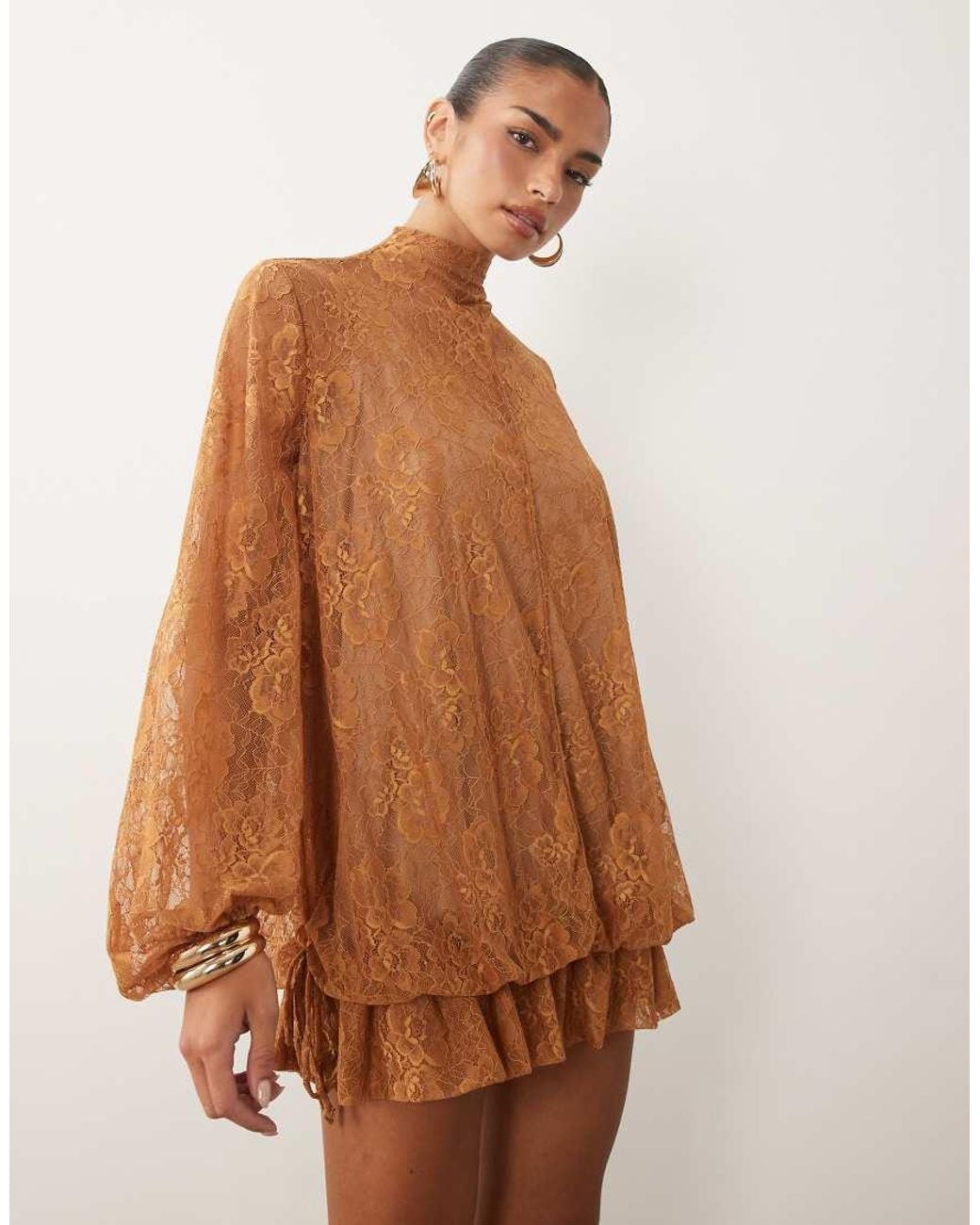 ASOS Brown Lace Mini Dress With Blouson Sleeve And Hem Detail