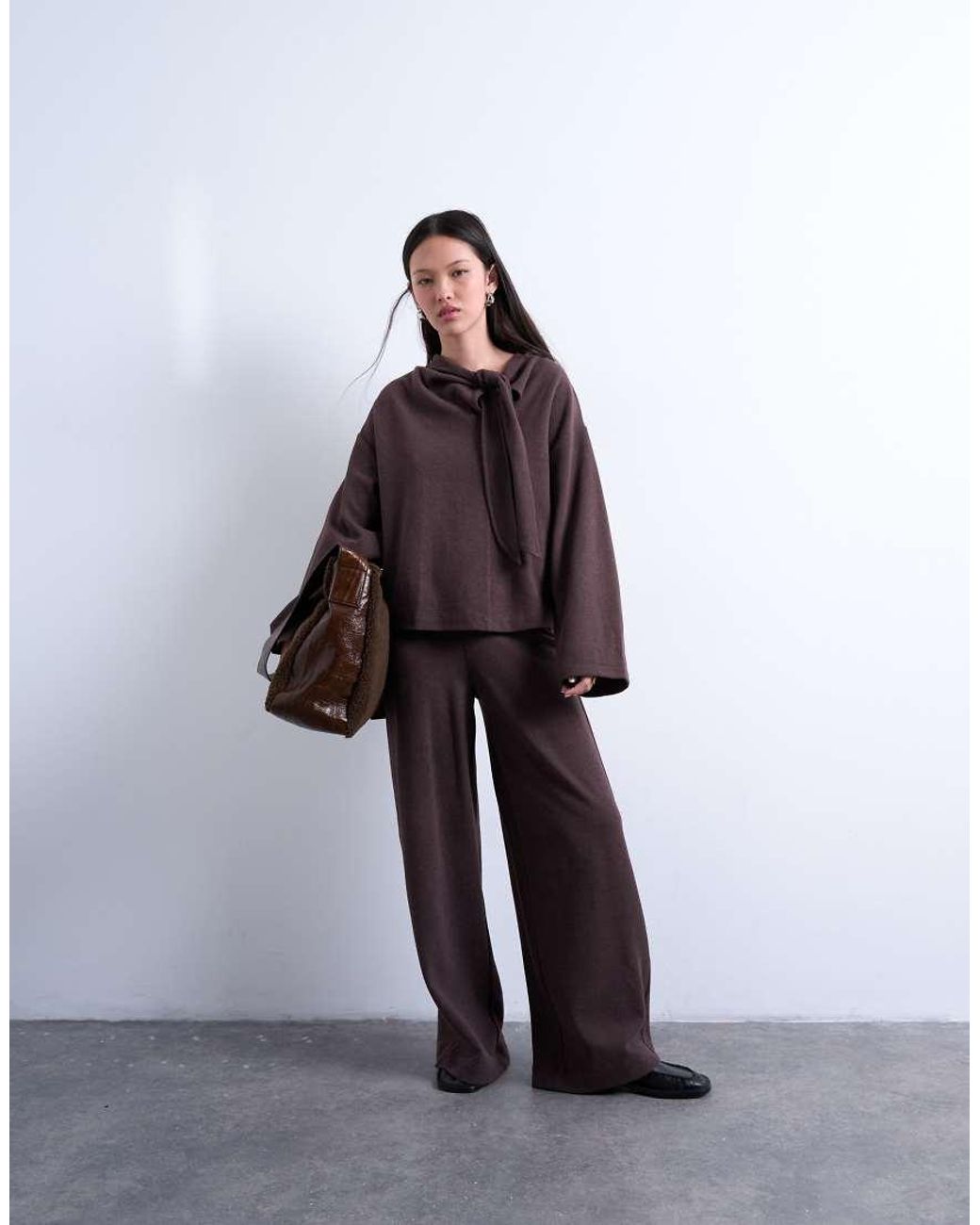 TOPSHOP Brown Neck Tie Long Sleeve Tee Co-ord