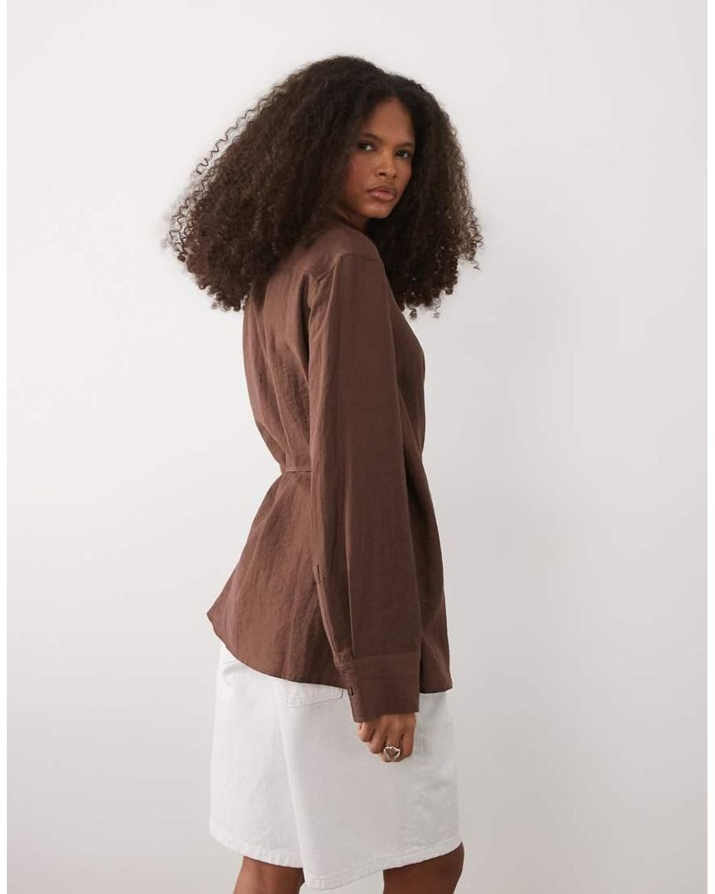 Mango Brown Linen Mix Long Sleeve Shirt With Side Tie