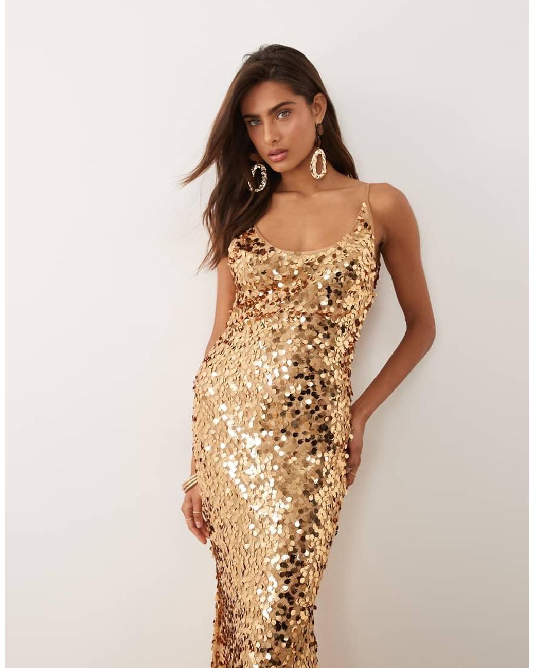 ASOS Natural Sequin Embellished Scoop Cami Maxi Dress