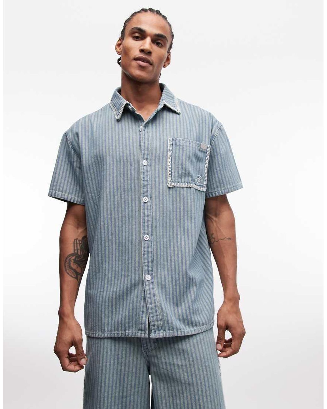 Liquor N Poker Blue Boxy Pinstripe Embroidery Pocket Detail Shirt for men