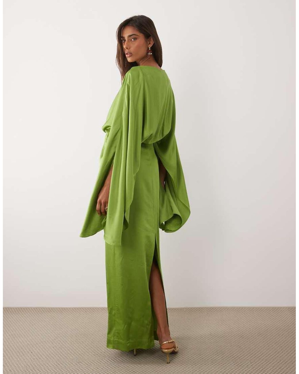 Mango Green Drape Detail Satin Half Sleeve Maxi Dress
