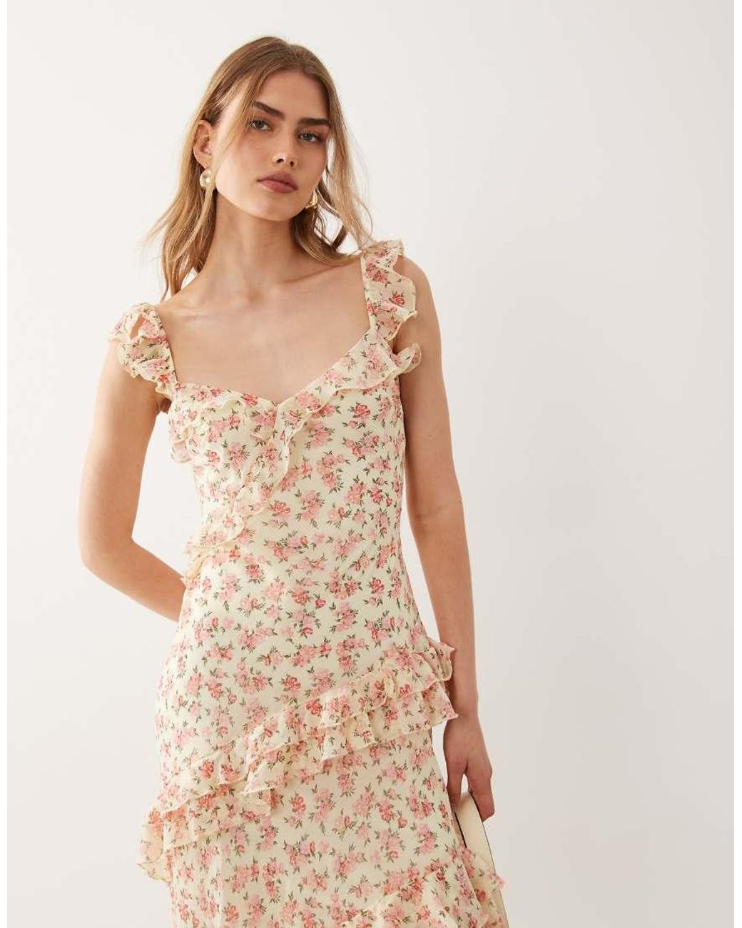 New Look Natural Floral Bouquet Print Ruffle Maxi Dress