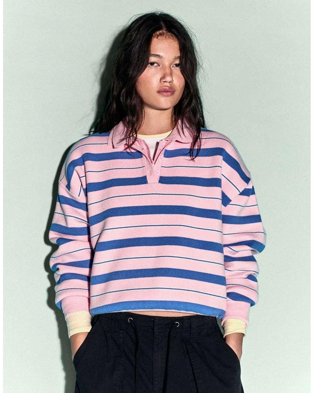 Bershka Pink Oversize Polo Collar Jumper