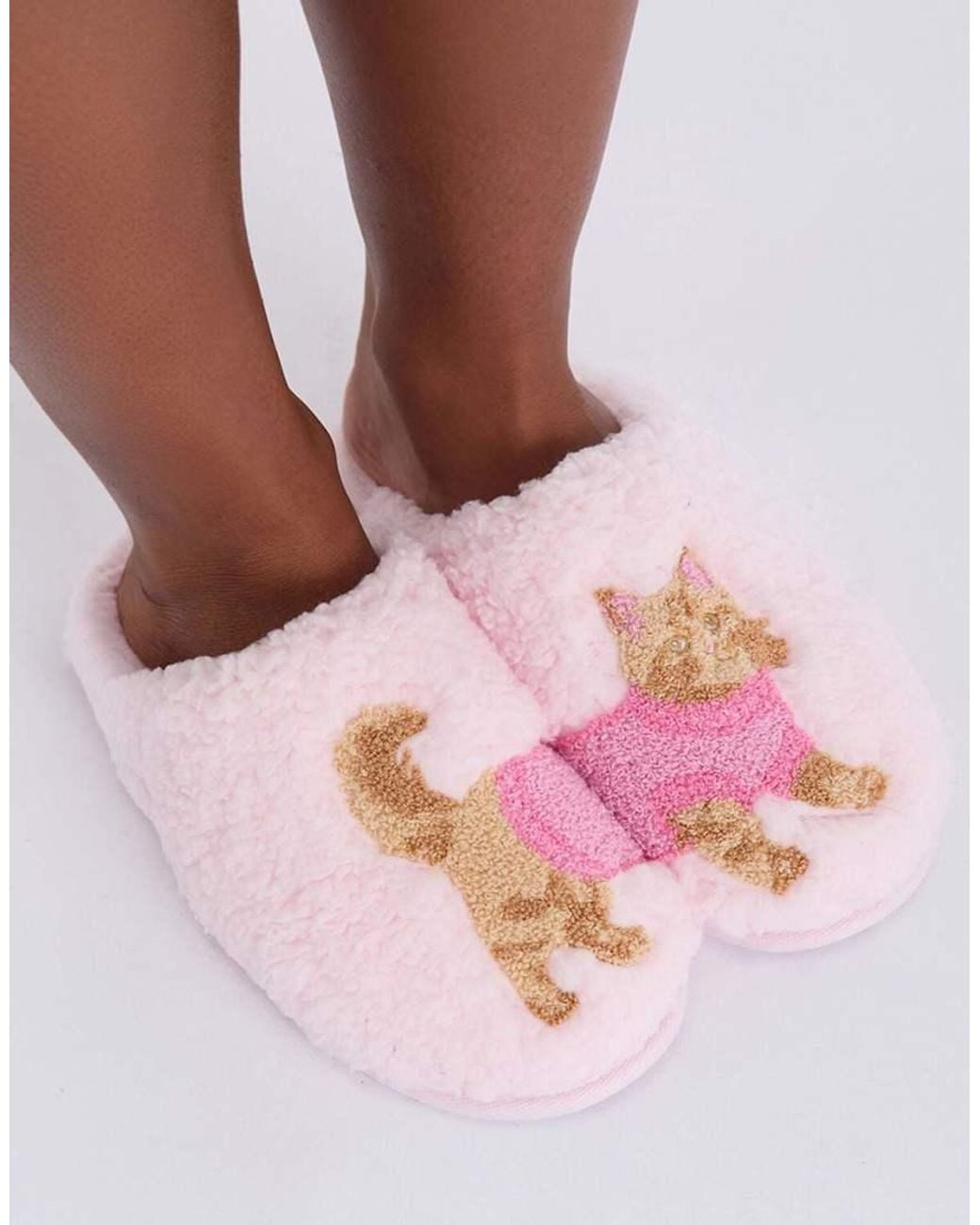 Boux Avenue Pink Cosy Soft Cat Teddy Fleece Borg Mule Slippers