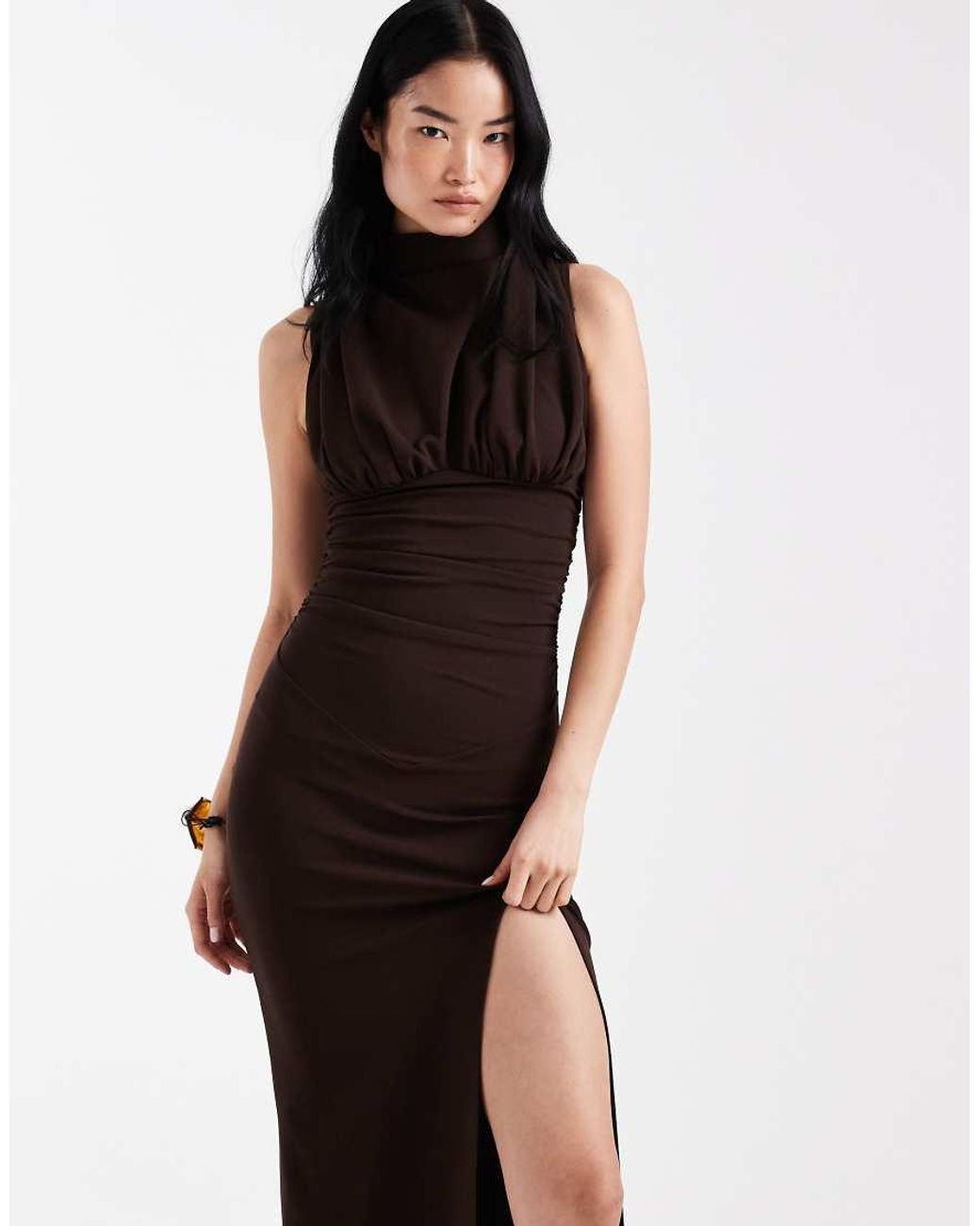 ASOS White Ruched Bodice Maxi Dress With Grown On Neck