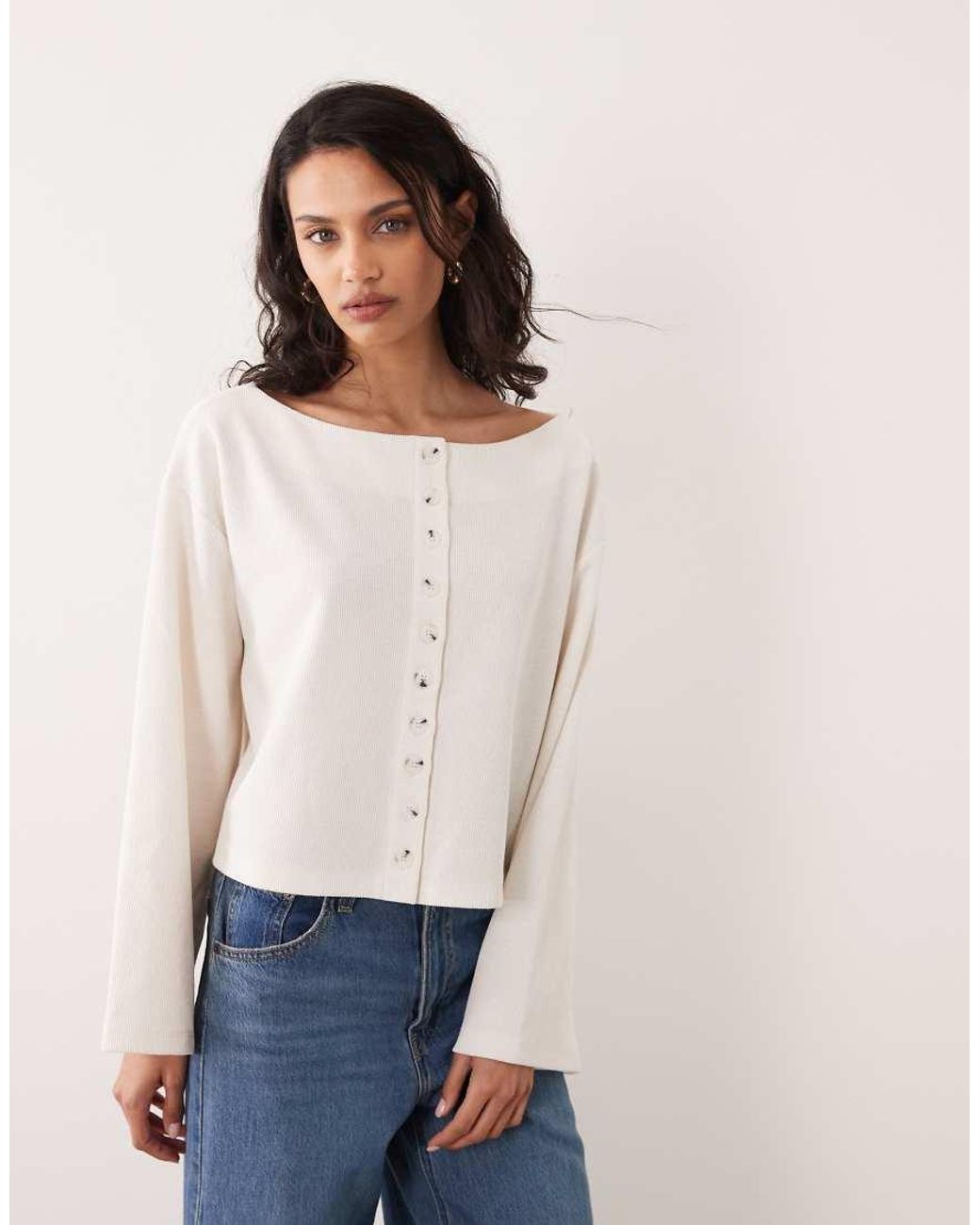 Miss Selfridge White Button Through Slash Neck Cardigan With Flared Sleeve