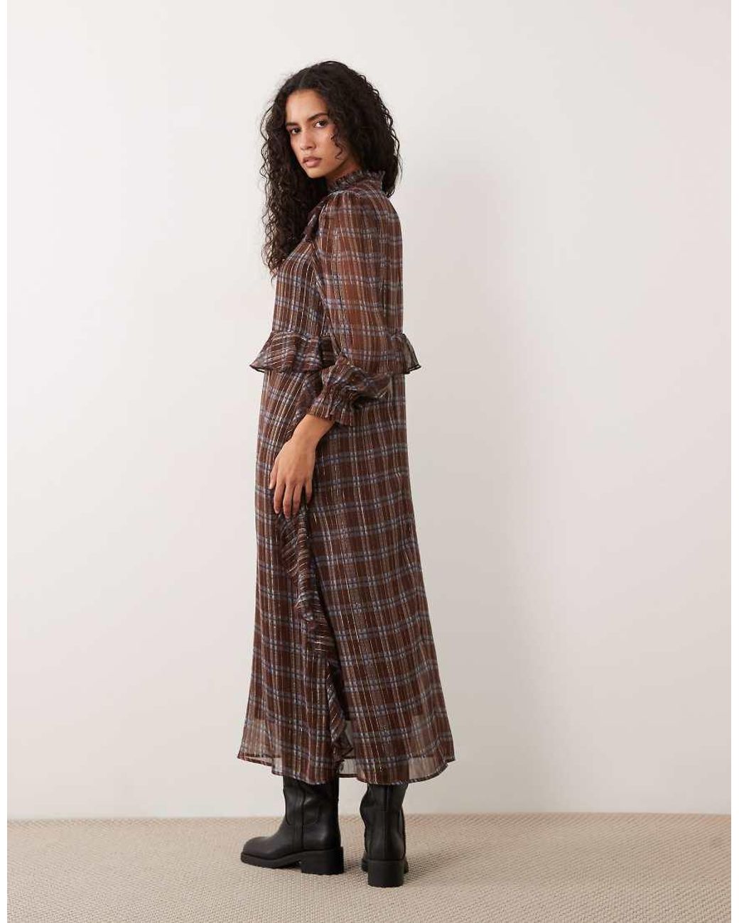 Wednesday's Girl Brown Long Sleeve Ruffle Midaxi Dress With Lace Detail