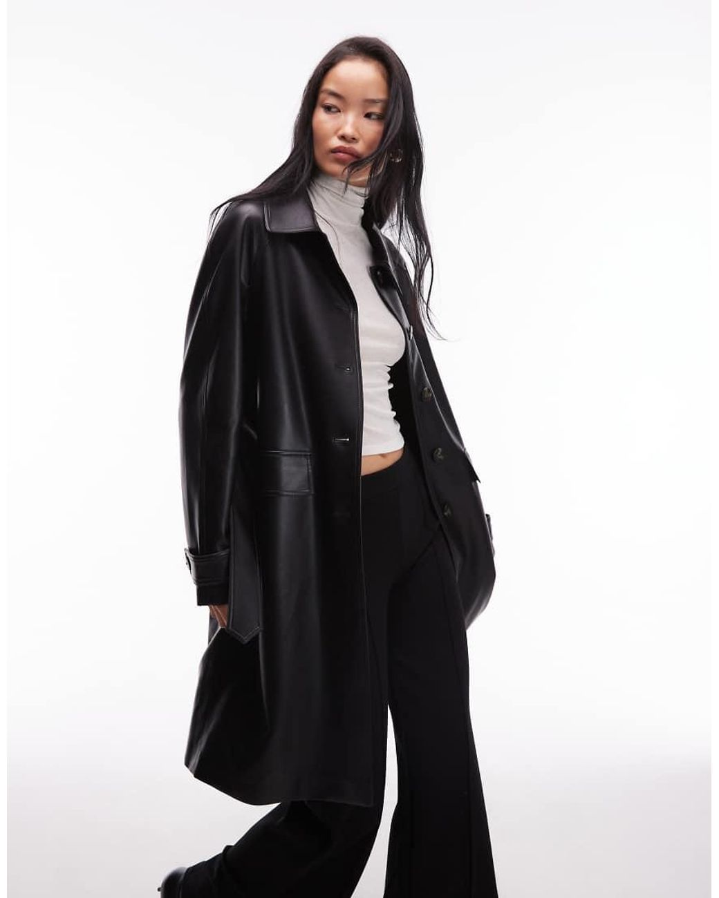 Mango Black Faux Leather Belted Trench Coat
