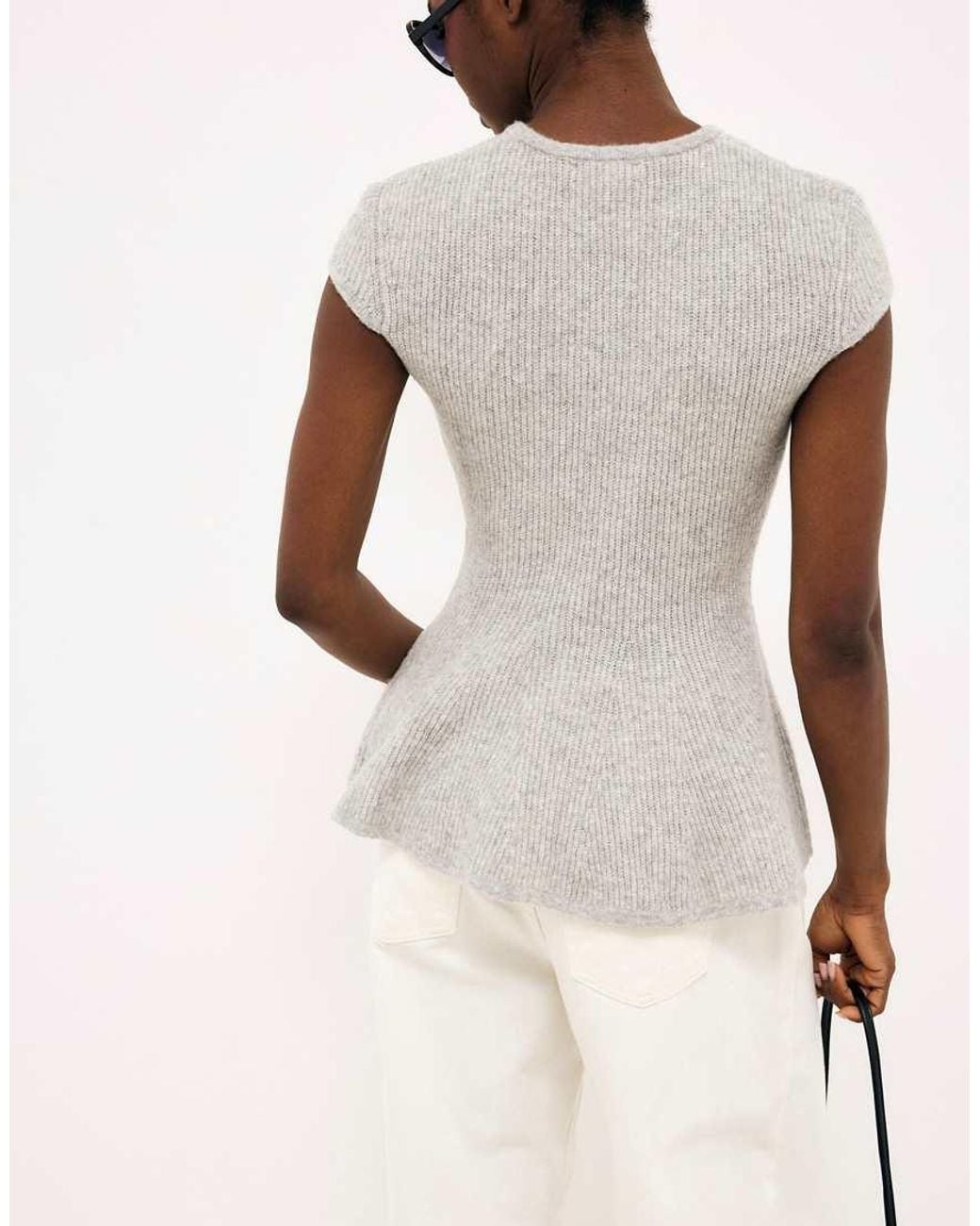 NA-KD Gray Wool Blend Rib Knitted Peplum Top