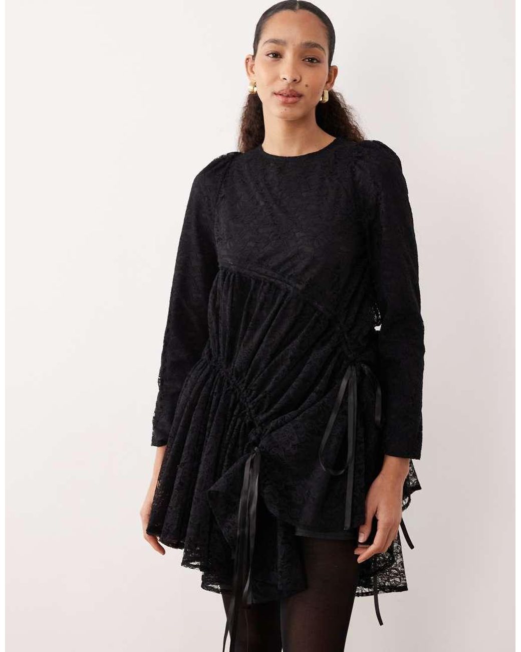Ghospell Black Cotton Blend Lace Ruched Tie Detail Mini Dress