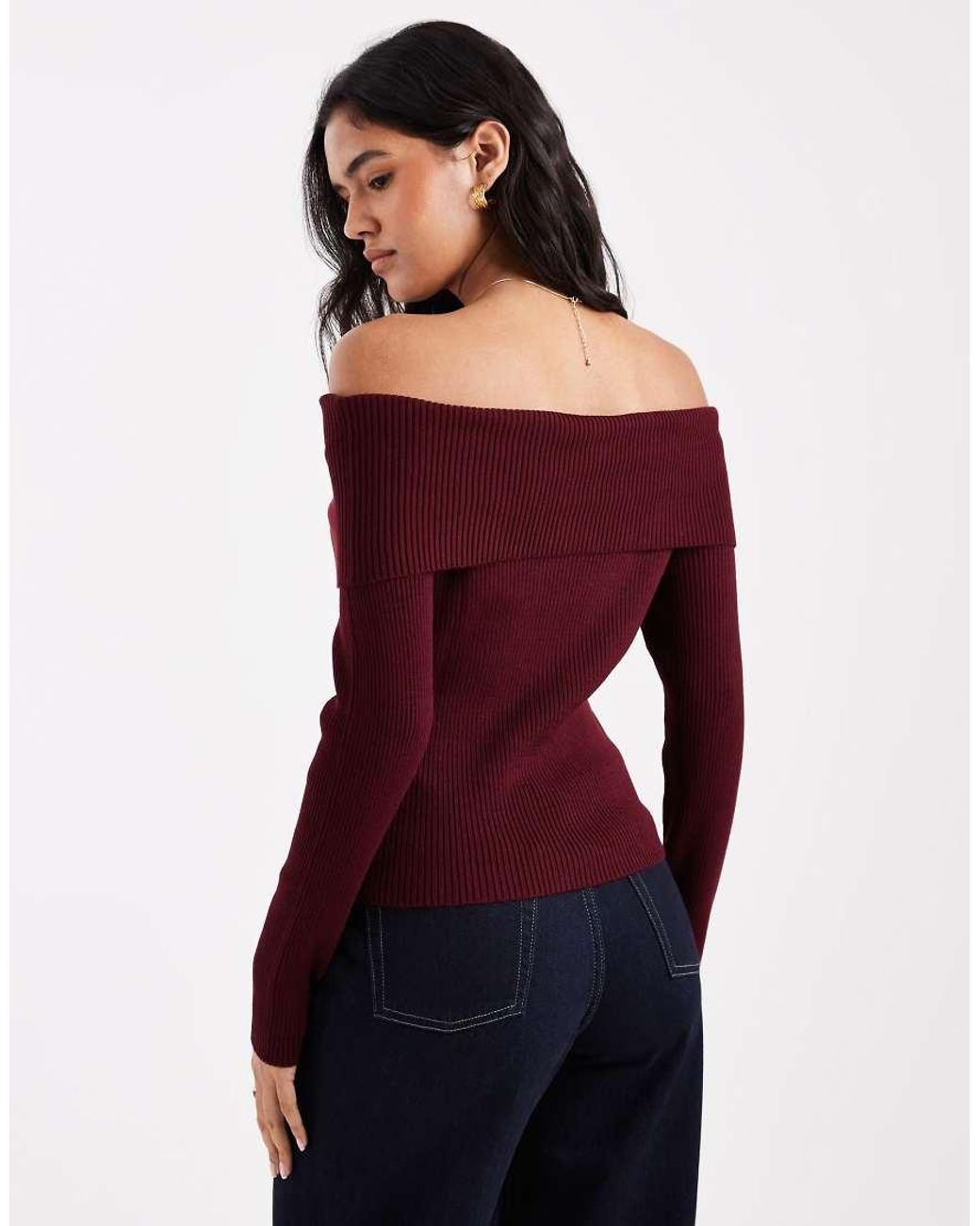Miss Selfridge Red Ribbed Bardot Long Sleeve Knitted Top