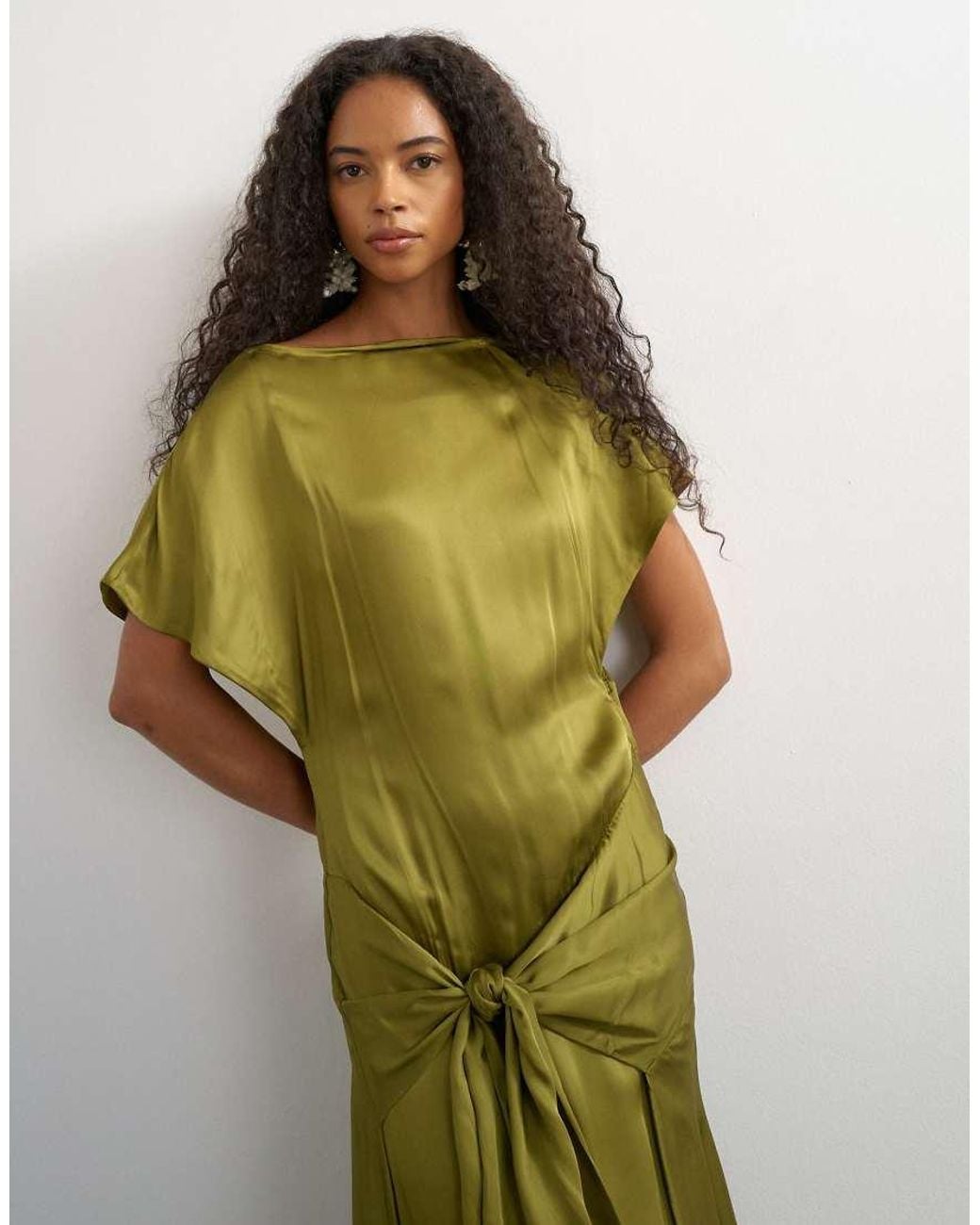 TOPSHOP Green Premium Viscose Satin Dropped Tie Waist Maxi Dress