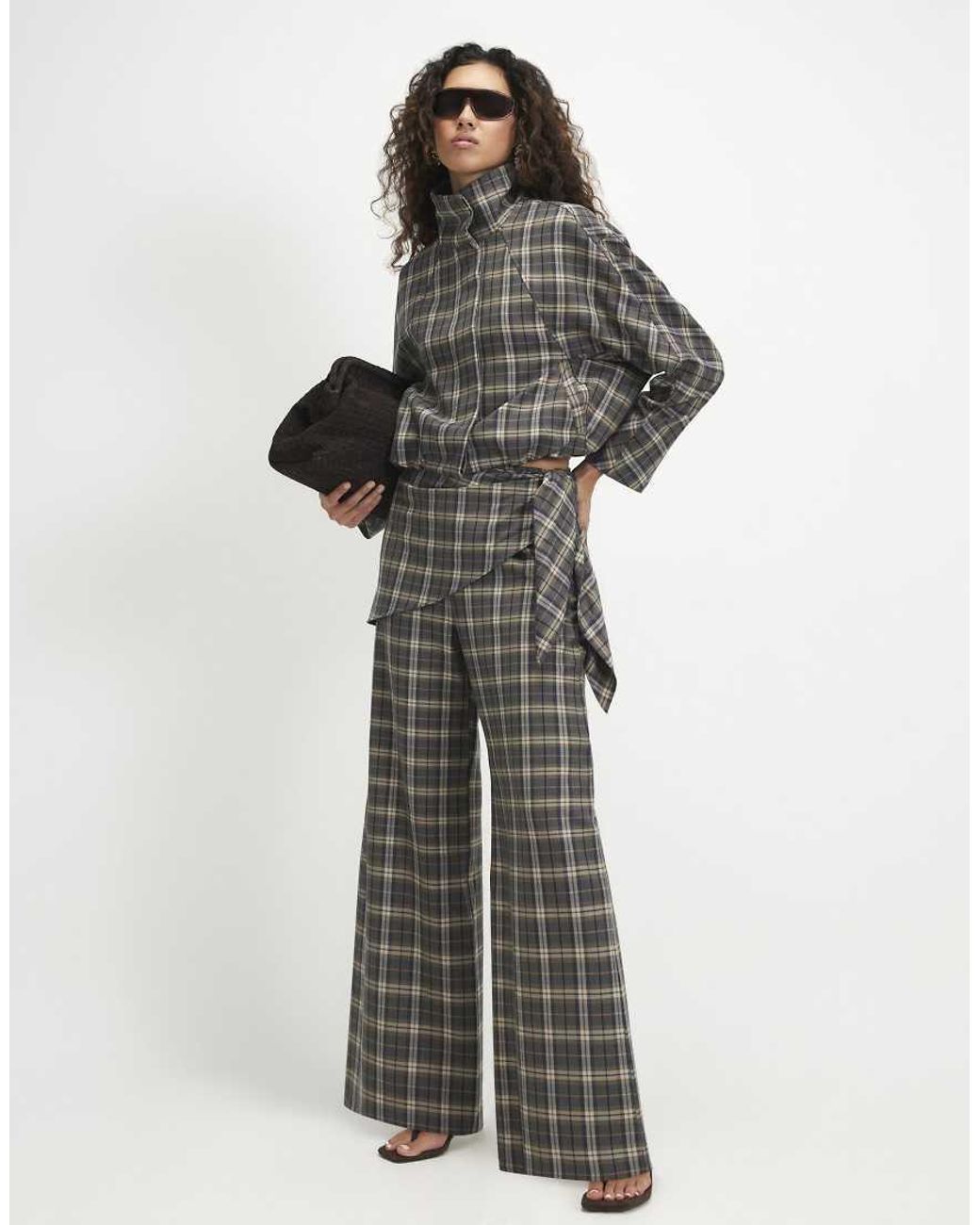 River Island Green Scarf Detail Check Wide Leg Trousers