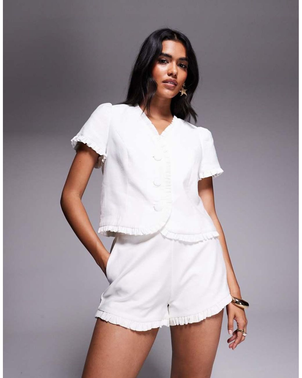 River Island White Frill Detail Linen Shorts Co-ord