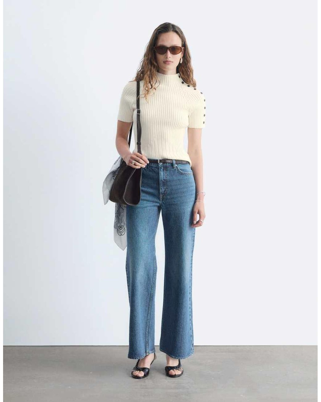 & Other Stories Blue Cotton-blend Short Sleeve Knitted Top With Shoulder Button Detail
