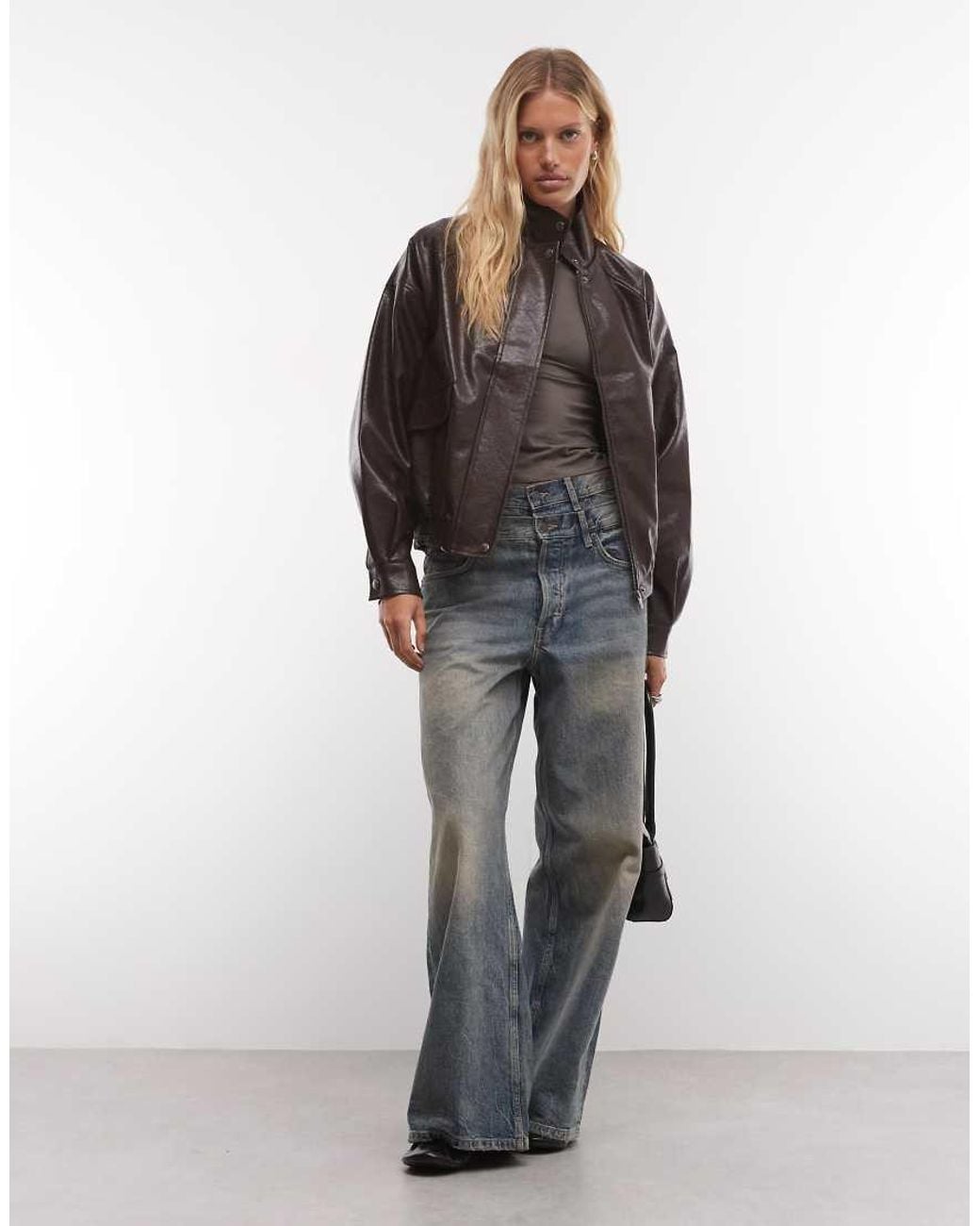 French Connection Gray Faux Leather Funnel Neck Jacket