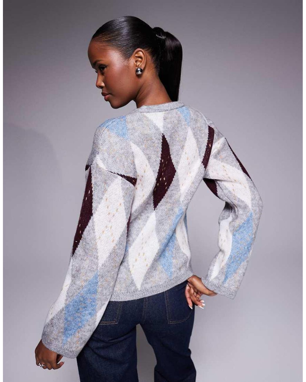 River Island Gray Argyle Pattern Cardigan