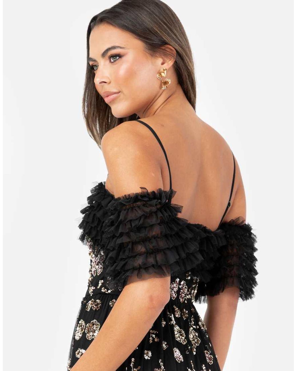 Maya Black Embellished Ruffle Bardot Maxi Dress