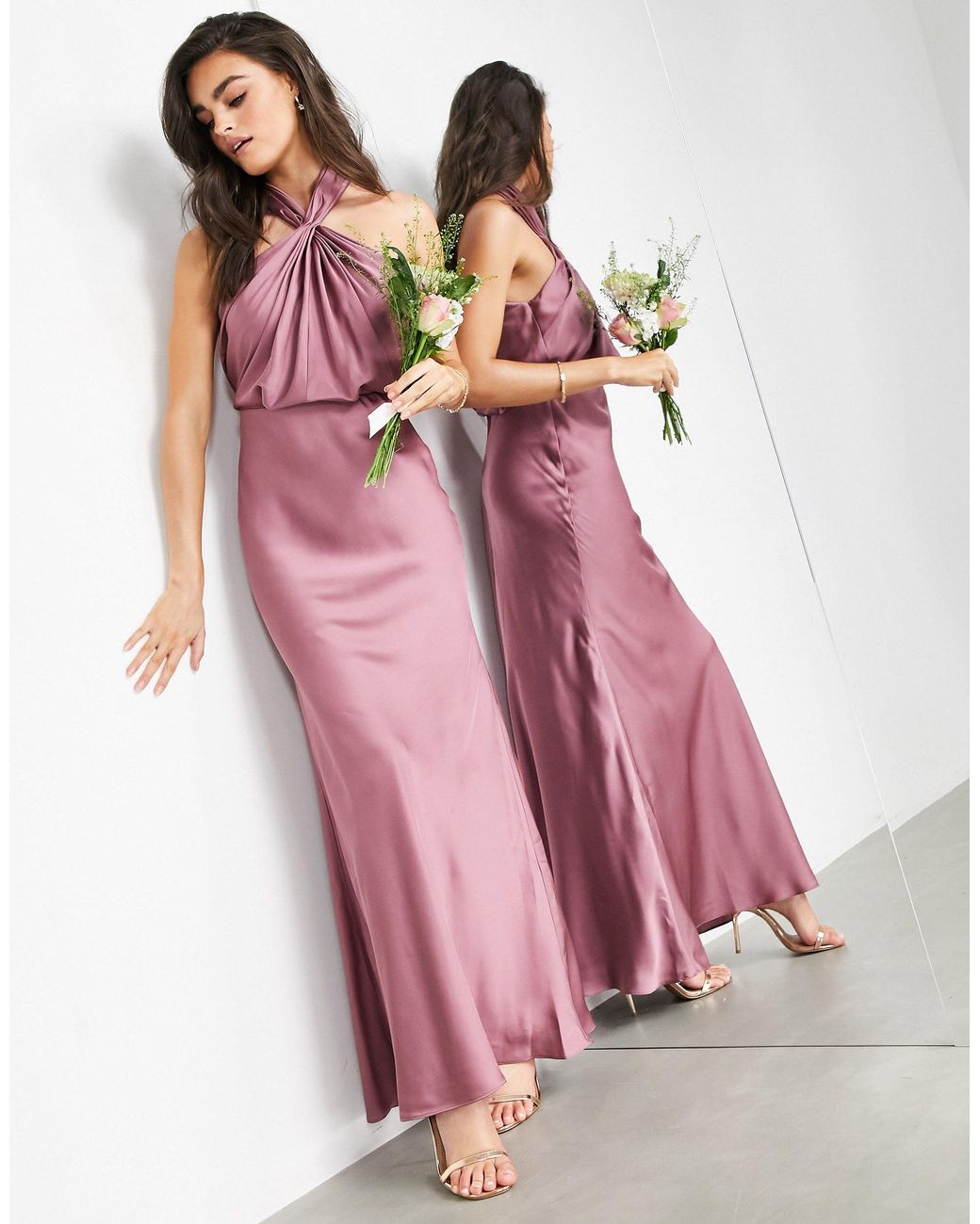 ASOS Satin Ruched Halter Neck Maxi Dress in Purple Lyst