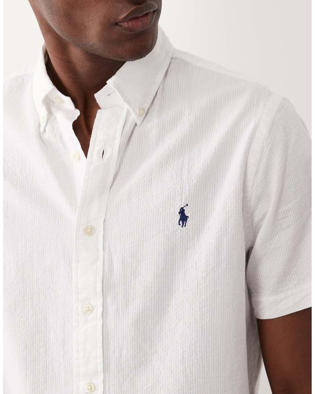 Polo Ralph Lauren White Icon Logo Short Sleeve Cotton Seersucker Shirt for men