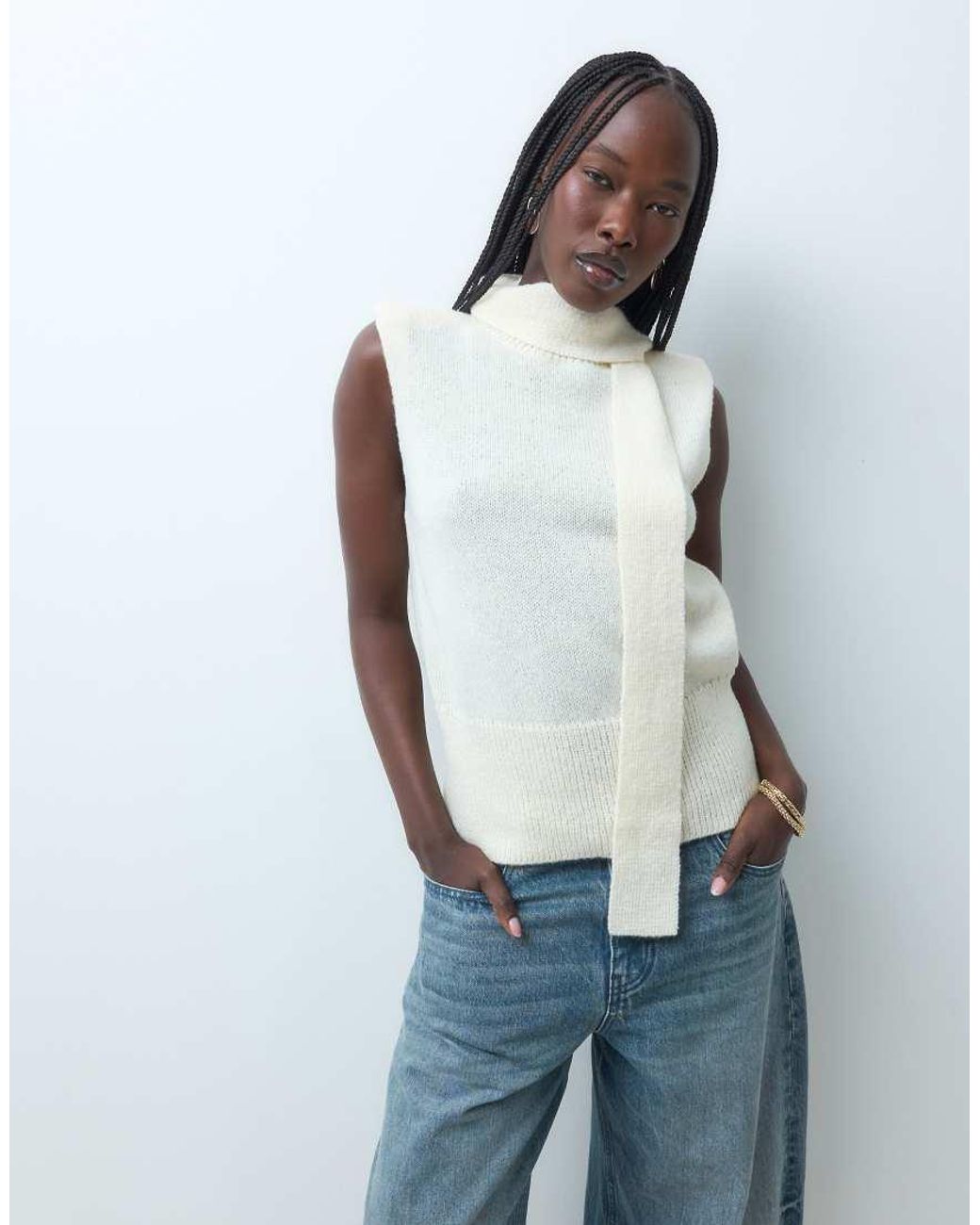 Pretty Lavish White Knit Sleeveless High Neck Scarf Top