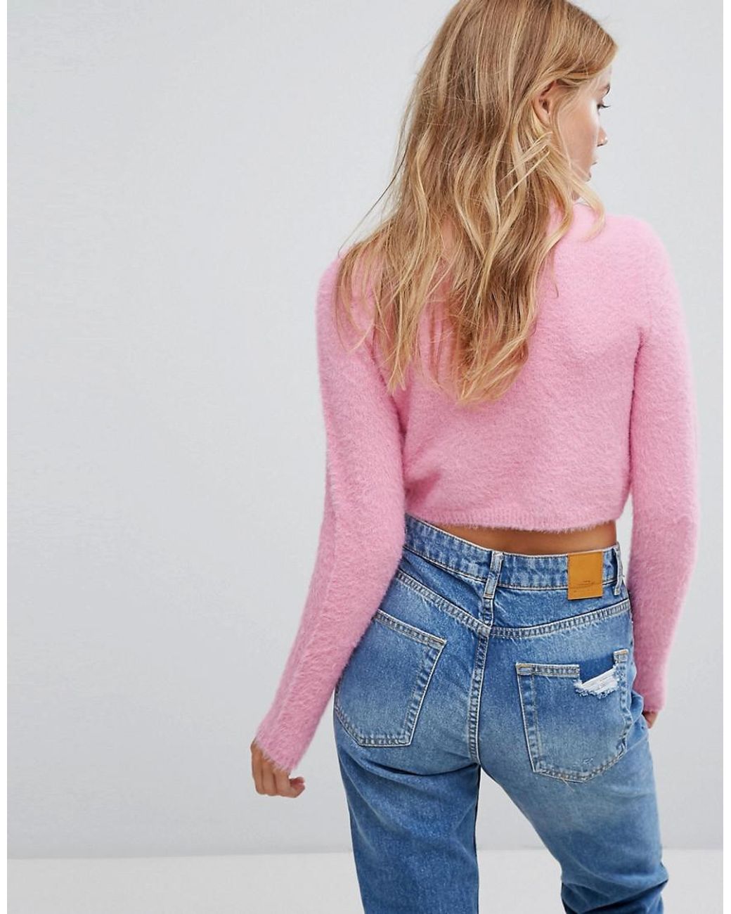 Bershka Cropped Fluffy Knitted Jumper in Pink | Lyst UK