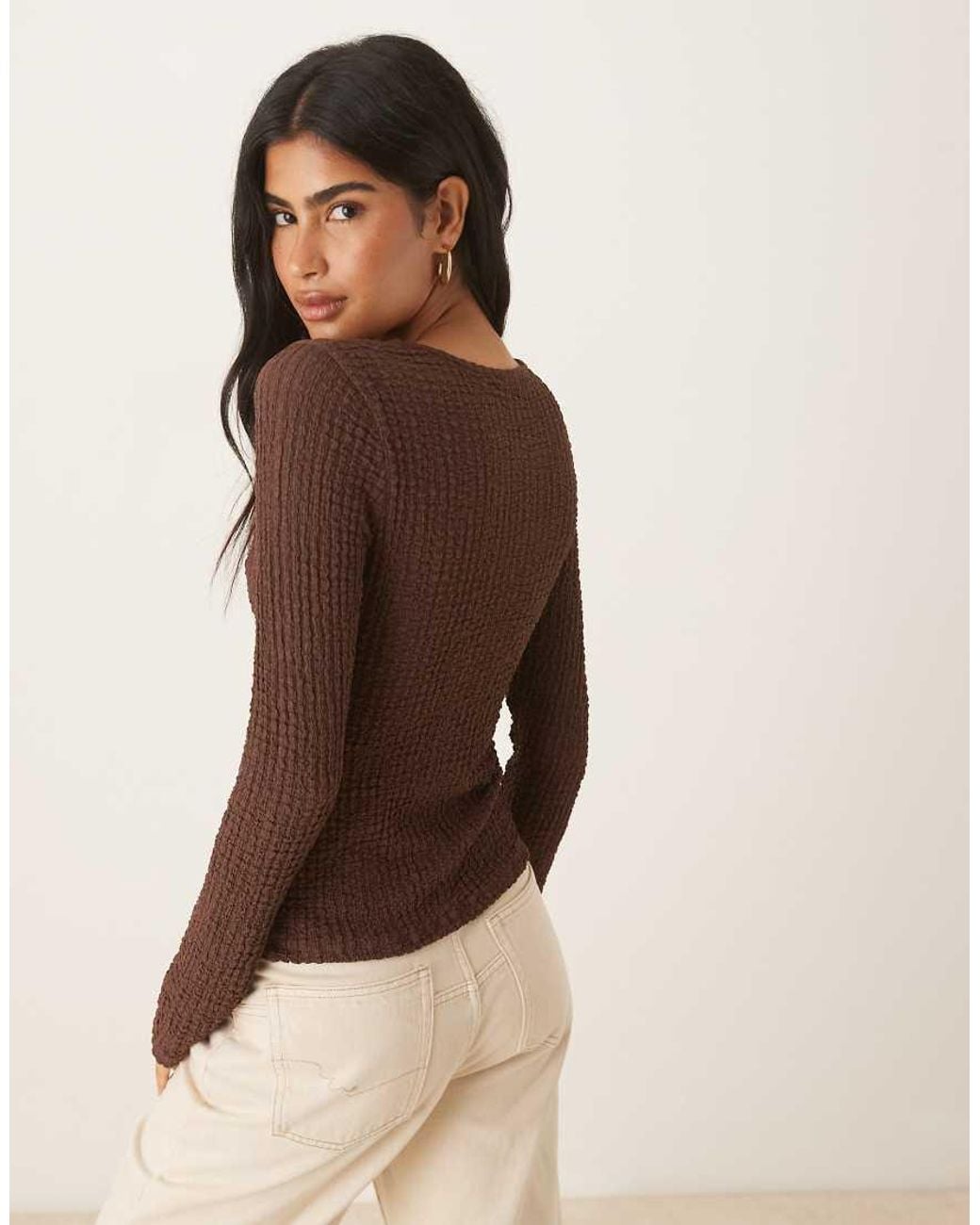 ASOS Brown Textured Long Sleeve Button Detail Top