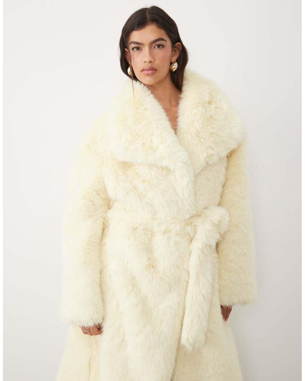 Kaiia Natural Faux Fur Collared Belted Maxi Coat