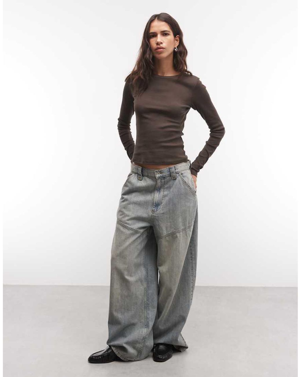 Monki Brown Ribbed Long Sleeve Top