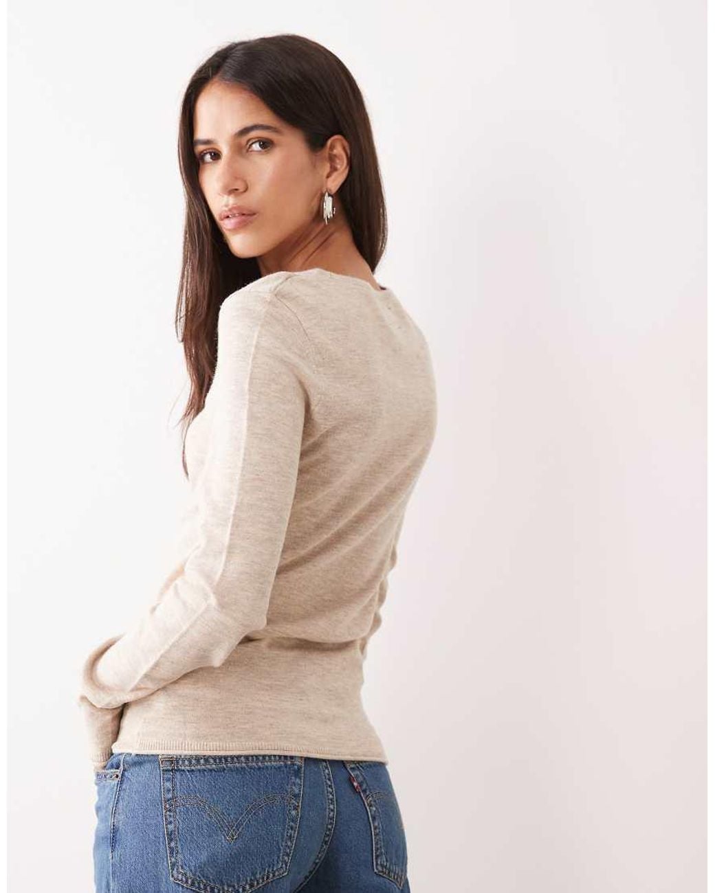 ASOS Natural Slash Neck Long Sleeve Fine Gauge Top