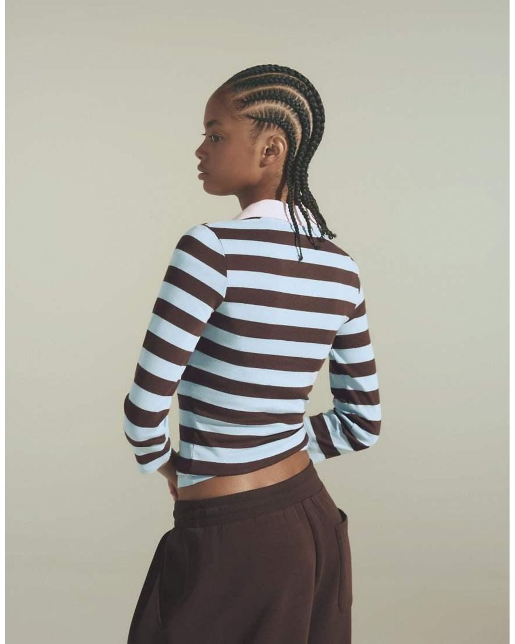 Bershka Brown Fitted Striped Long Sleeve Polo Shirt