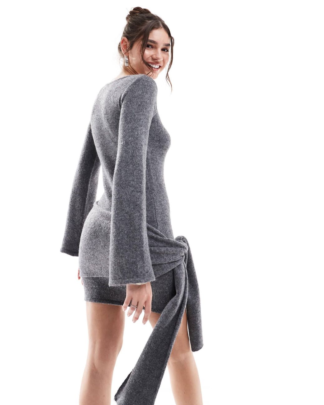 4th & Reckless Knitted Wide Sleeve Knot Detail Mini Jumper Dress in Gray |  Lyst