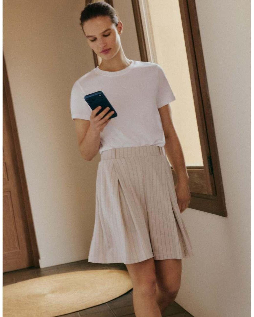 Oysho White Wide Striped Pleated Bermuda Shorts