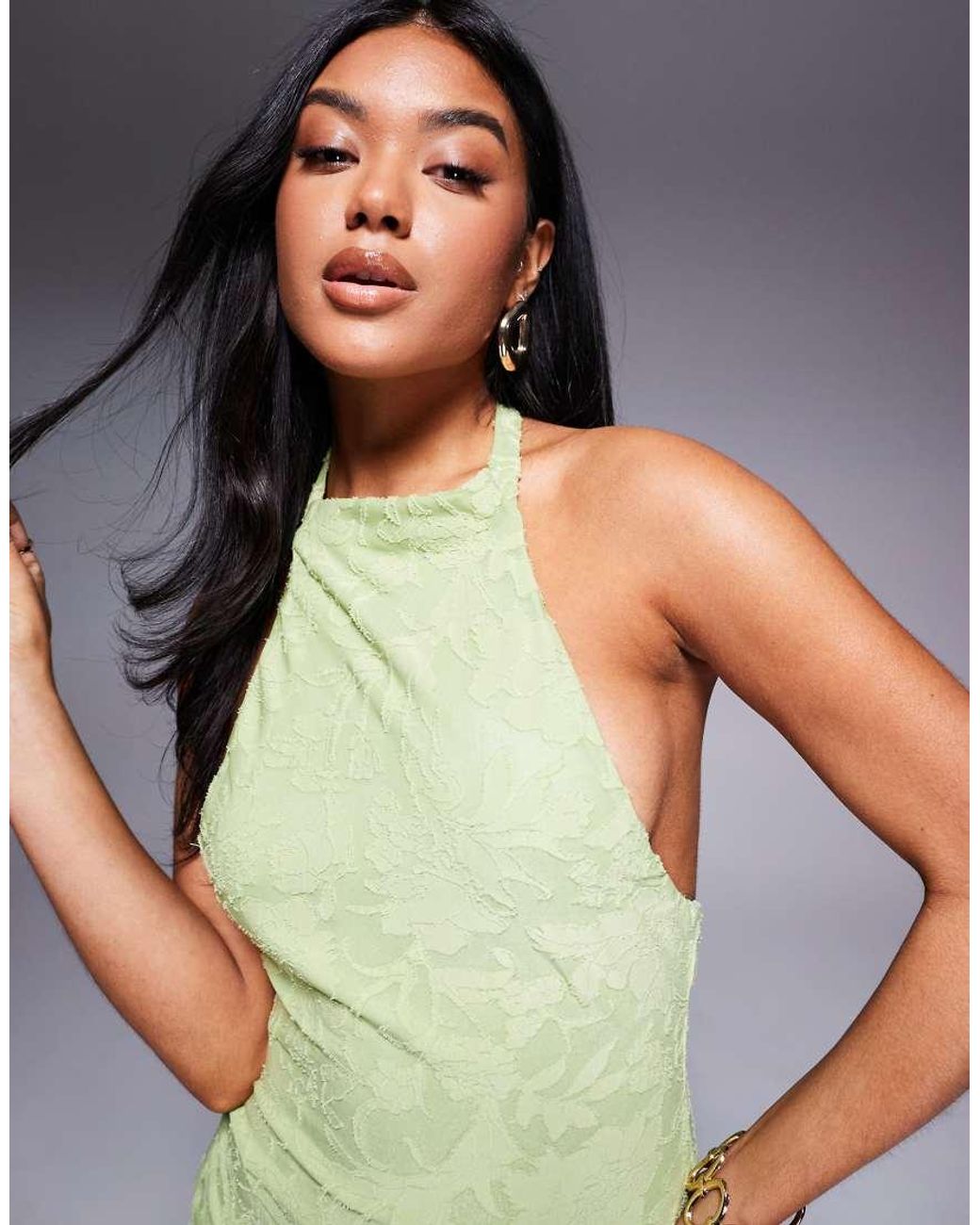 ASOS Green Highneck Maxi Dress With Sheer Skirt
