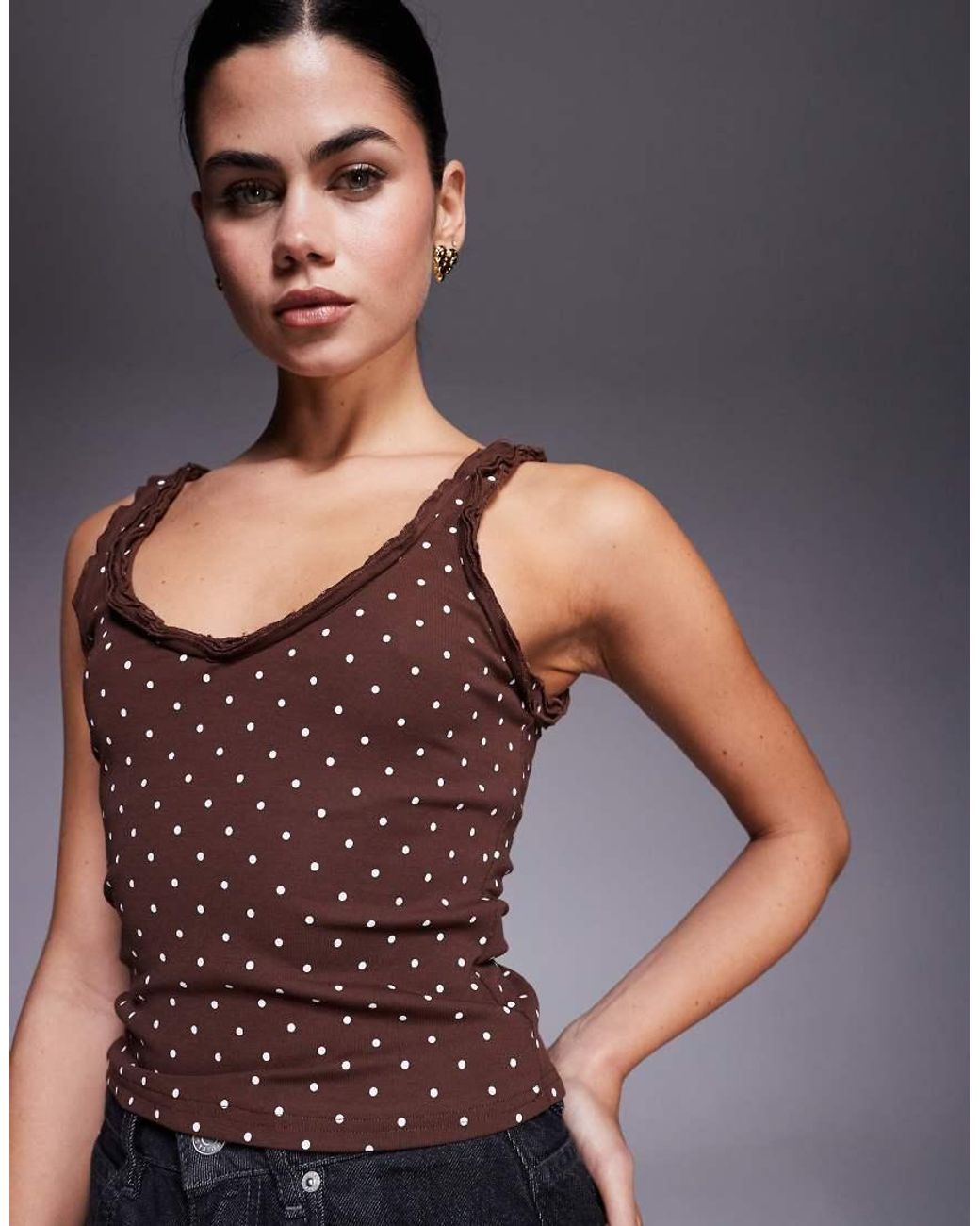 Edikted Gray Pippen Ruffle Polka Dot Tank Top