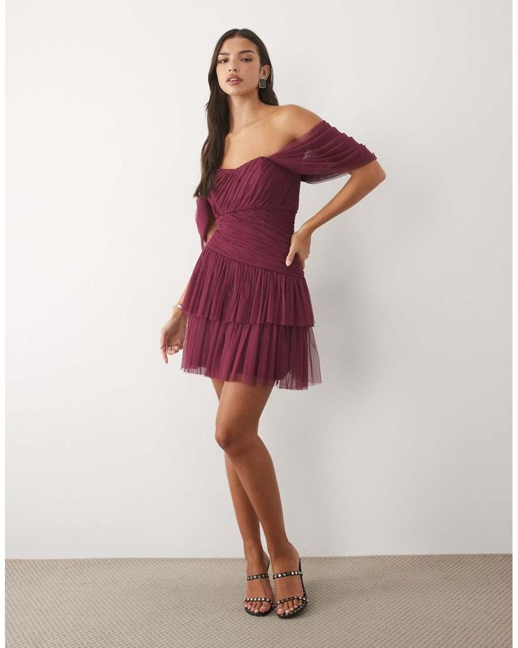 LACE & BEADS Tulle Fallen Shoulder Shirred Waist Tiered Skirt Mini Dress