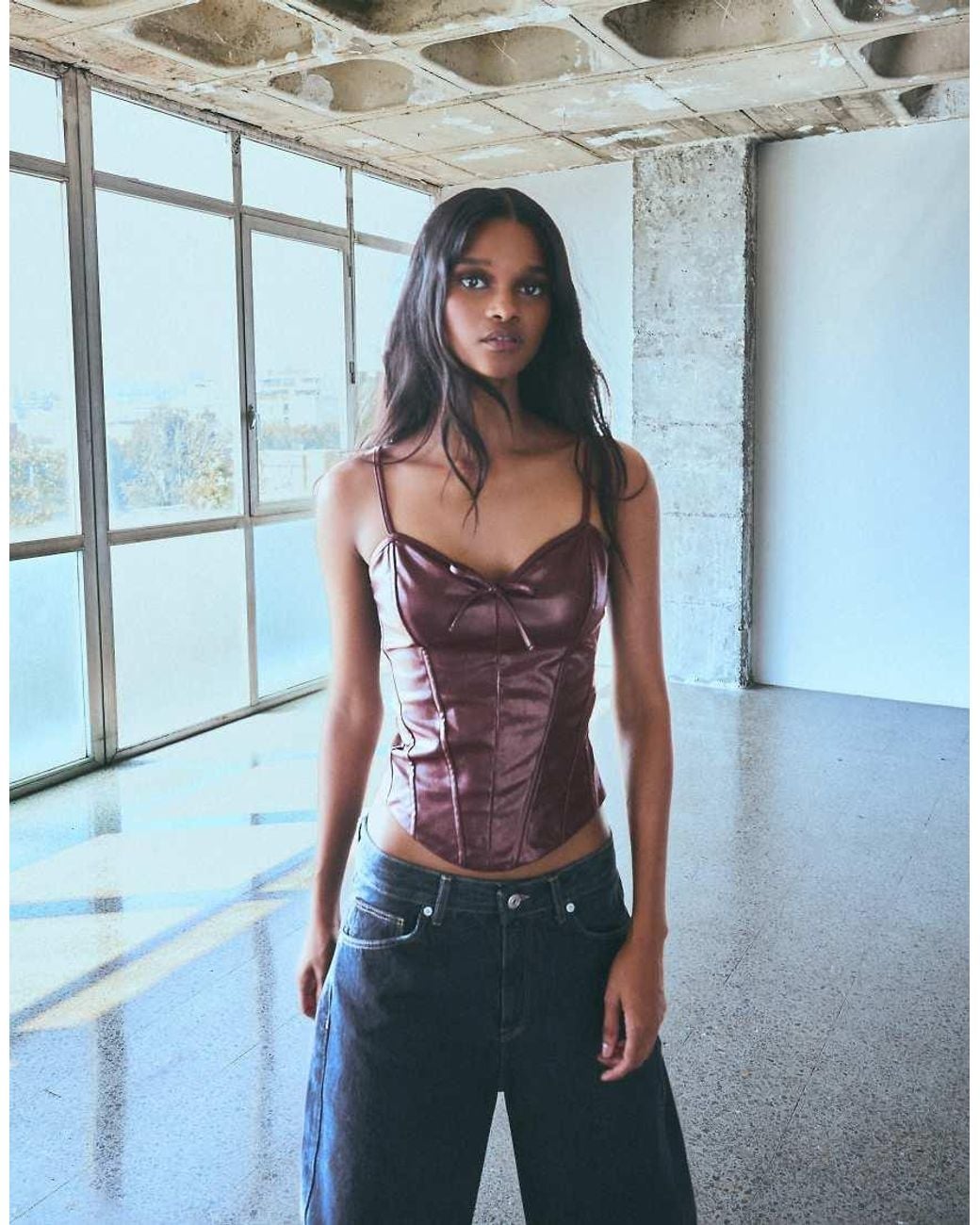 Bershka Blue Leather Effect Sweetheart Neckline Camisole Top