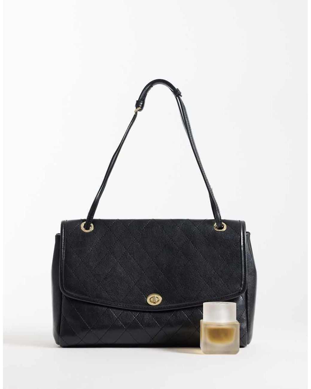 Mango Black Faux Leather Quilted Classic Flap Shoulder Bag