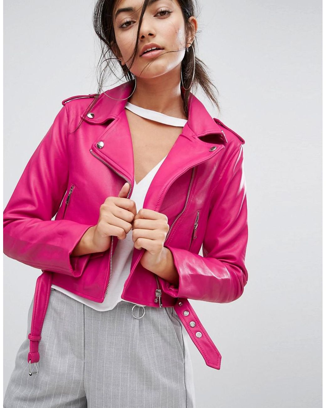 Bershka Leather Look Biker Jacket in Pink | Lyst UK