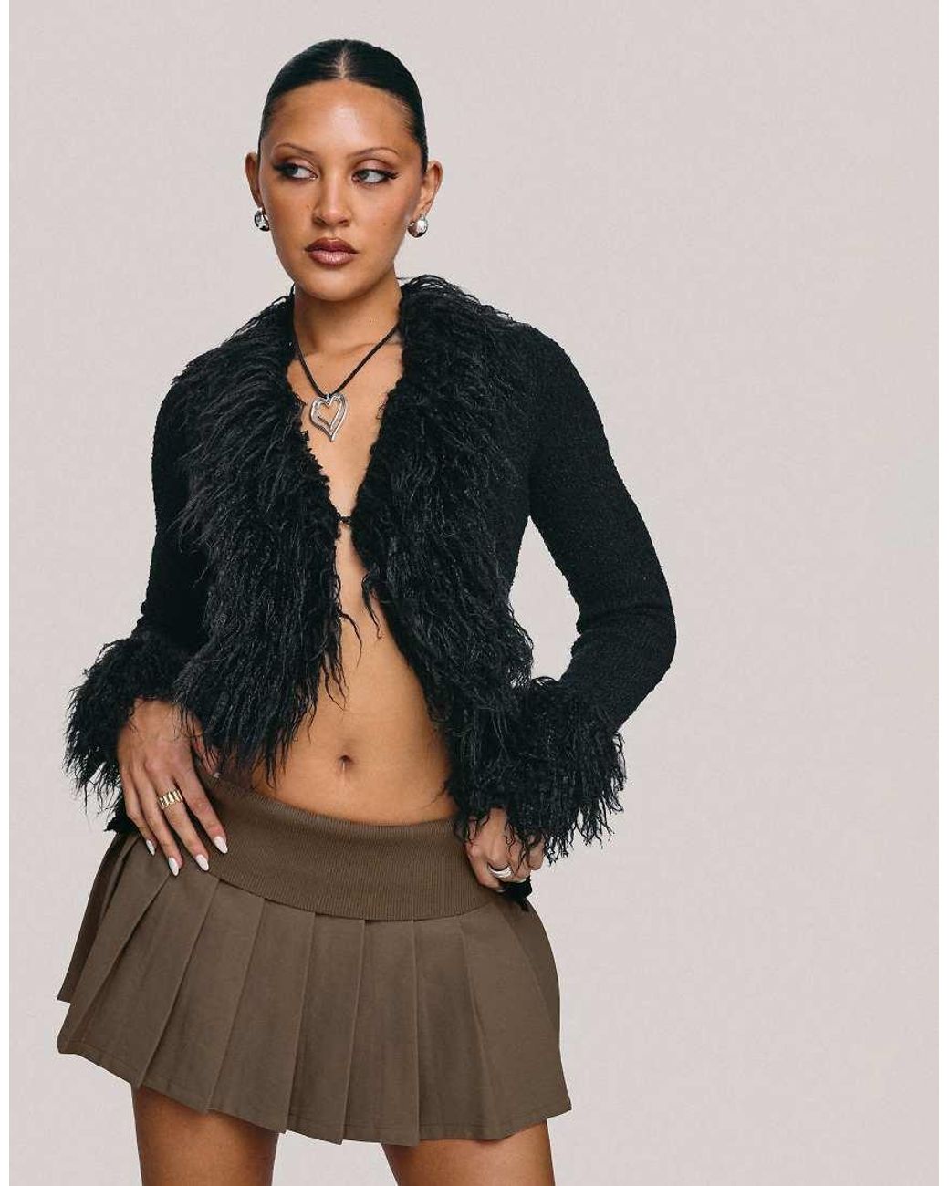 Princess Polly Black Sistine Shaggy Faux Fur Trim Split Front Cardigan