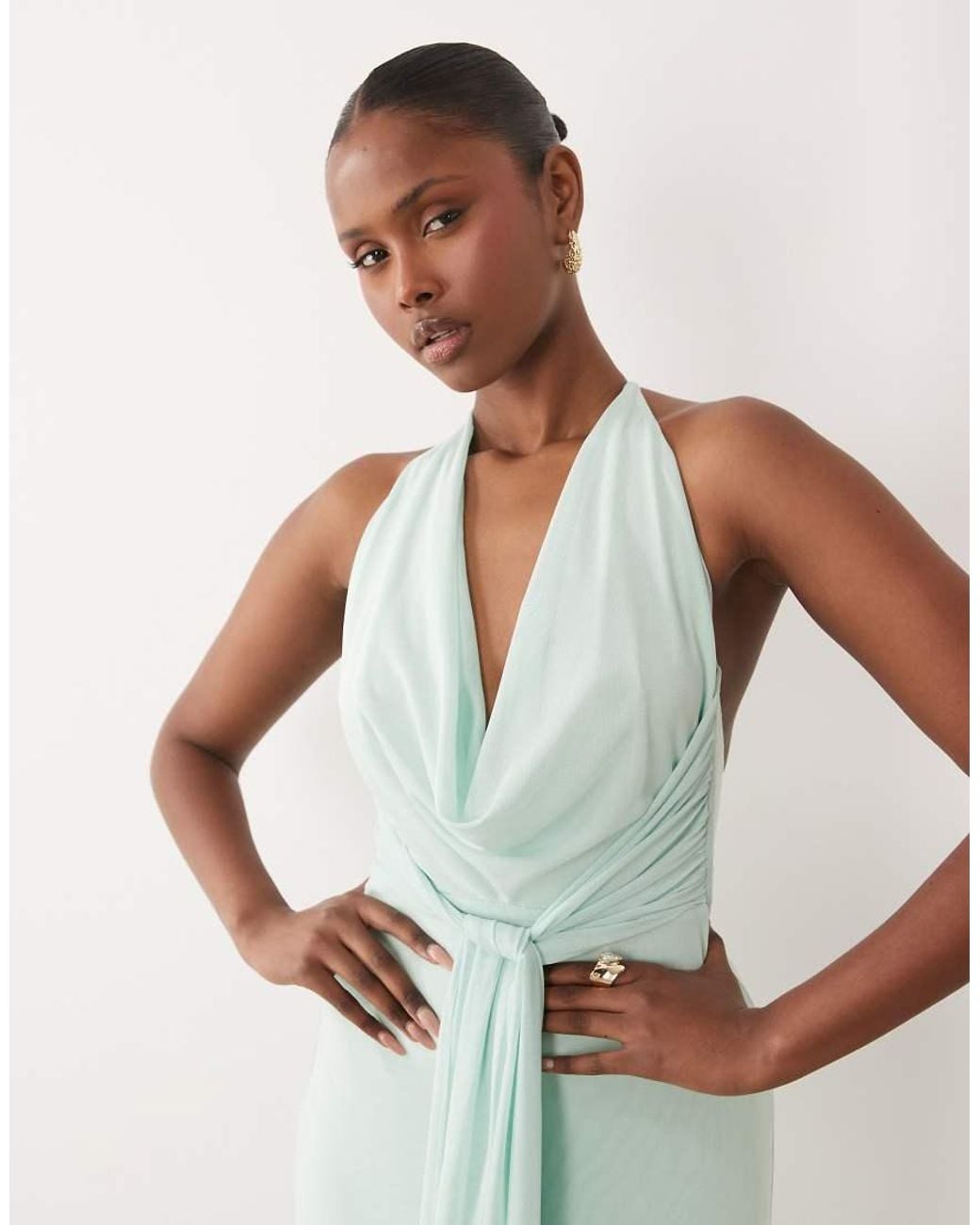 TFNC London Blue Mesh Cami Halter Backless Maxi Dress