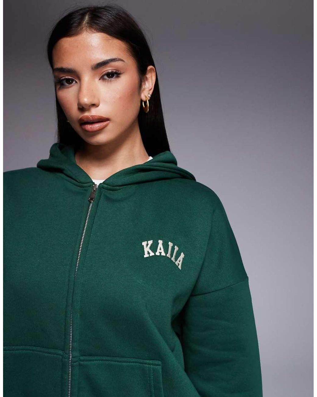 Kaiia Green Cotton-rich Embroidered Logo Zip-through Hoodie