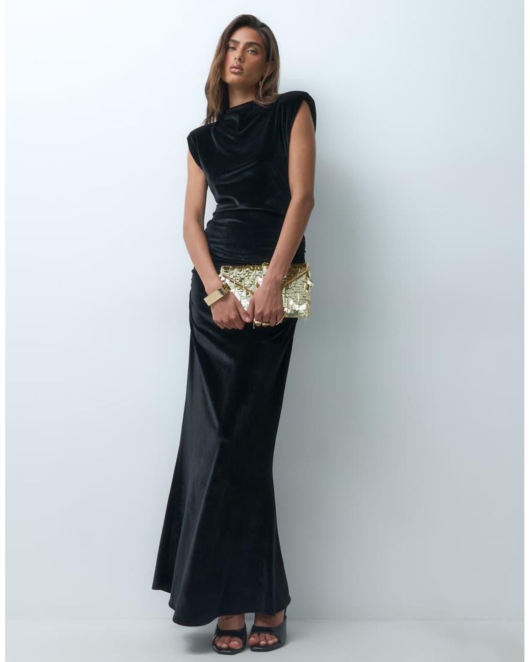 ASOS Blue Shoulder Pad Velvet Maxi Dress