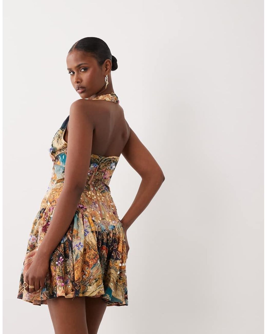 ASOS Brown Embellished Halter Neck Mini Dress