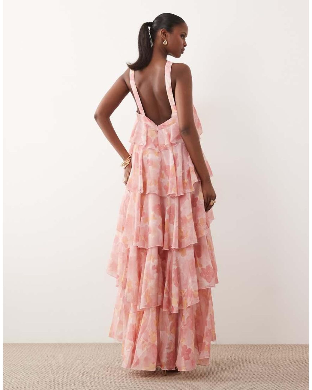 Vero Moda Pink Felicia Halterneck Tiered Maxi Dress With Corsage Detail