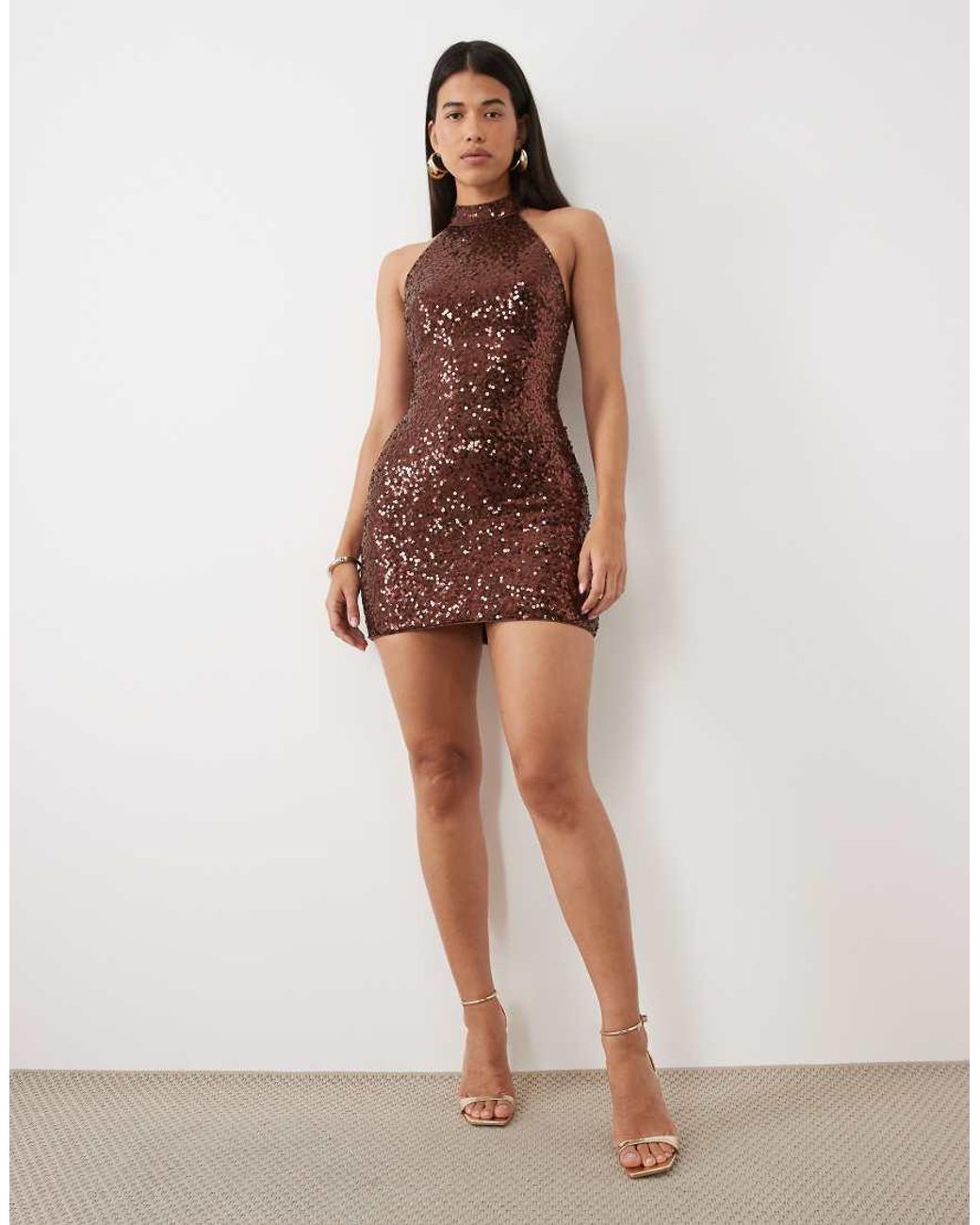 Ruched & Ready Brown Sequin High Neck Halterneck Mini Dress
